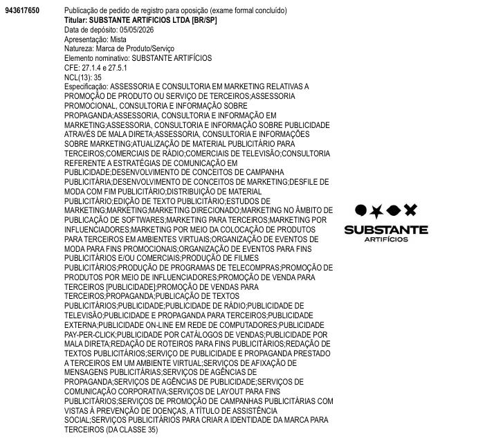 Página da RPI de SUBSTANTE ARTIF�CIOS