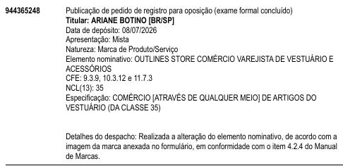 OUTLINES STORE COMÉRCIO VAREJISTA DE VESTUÁRIO E ACESSÓRIOS