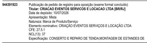 CRIAÇÃO EVENTOS SERVIÇOS E LOCAÇÃO LTDA