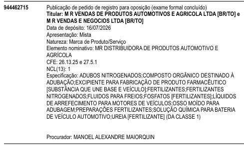 MR DISTRIBUIDORA DE PRODUTOS AUTOMOTIVO E AGRÍCOLA