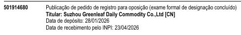 Suzhou Greenleaf Daily Commodity Co.,Ltd [CN] Data de depósito: 28/01/2026 Data de recebimento pelo INPI: 23/04/2026
