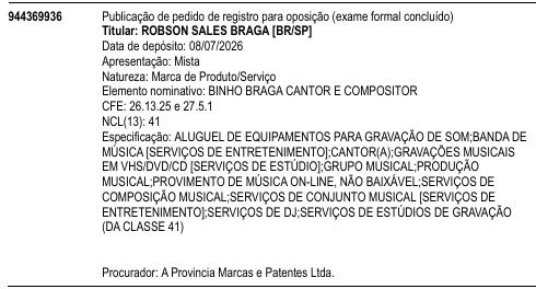 BINHO BRAGA CANTOR E COMPOSITOR