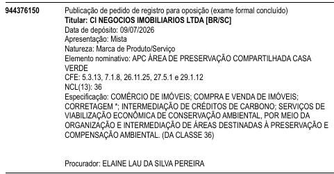APC ÁREA DE PRESERVAÇÃO COMPARTILHADA CASA VERDE
