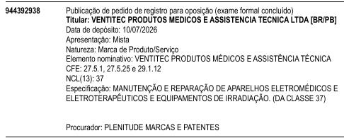 VENTITEC PRODUTOS MÉDICOS E ASSISTÊNCIA TÉCNICA