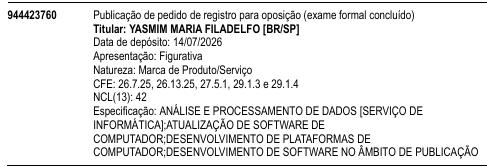 YASMIM MARIA FILADELFO Data de depÃ³sito: 14/07/2026 ApresentaÃ§Ã£o: Figurativa