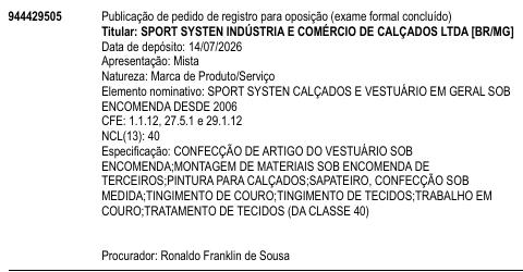 SPORT SYSTEN CALÇADOS E VESTUÁRIO EM GERAL SOB ENCOMENDA DESDE 2006
