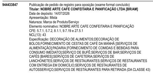 NOBRE ARTE CAFE CONFEITARIA E PANIFICAÇÃO