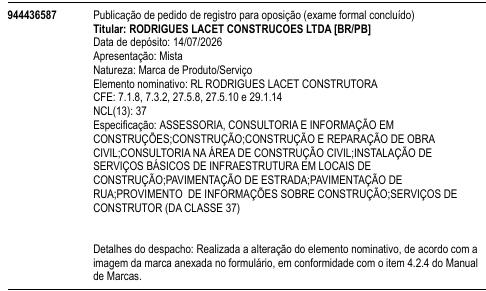 RL RODRIGUES LACET CONSTRUTORA