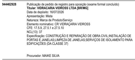 CR VIDRAÇARIA VIDROSS