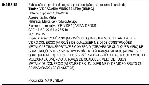 CR VIDRAÇARIA VIDROSS