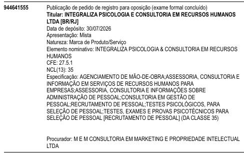 INTEGRALIZA PSICOLOGIA & CONSULTORIA EM RECURSOS HUMANOS